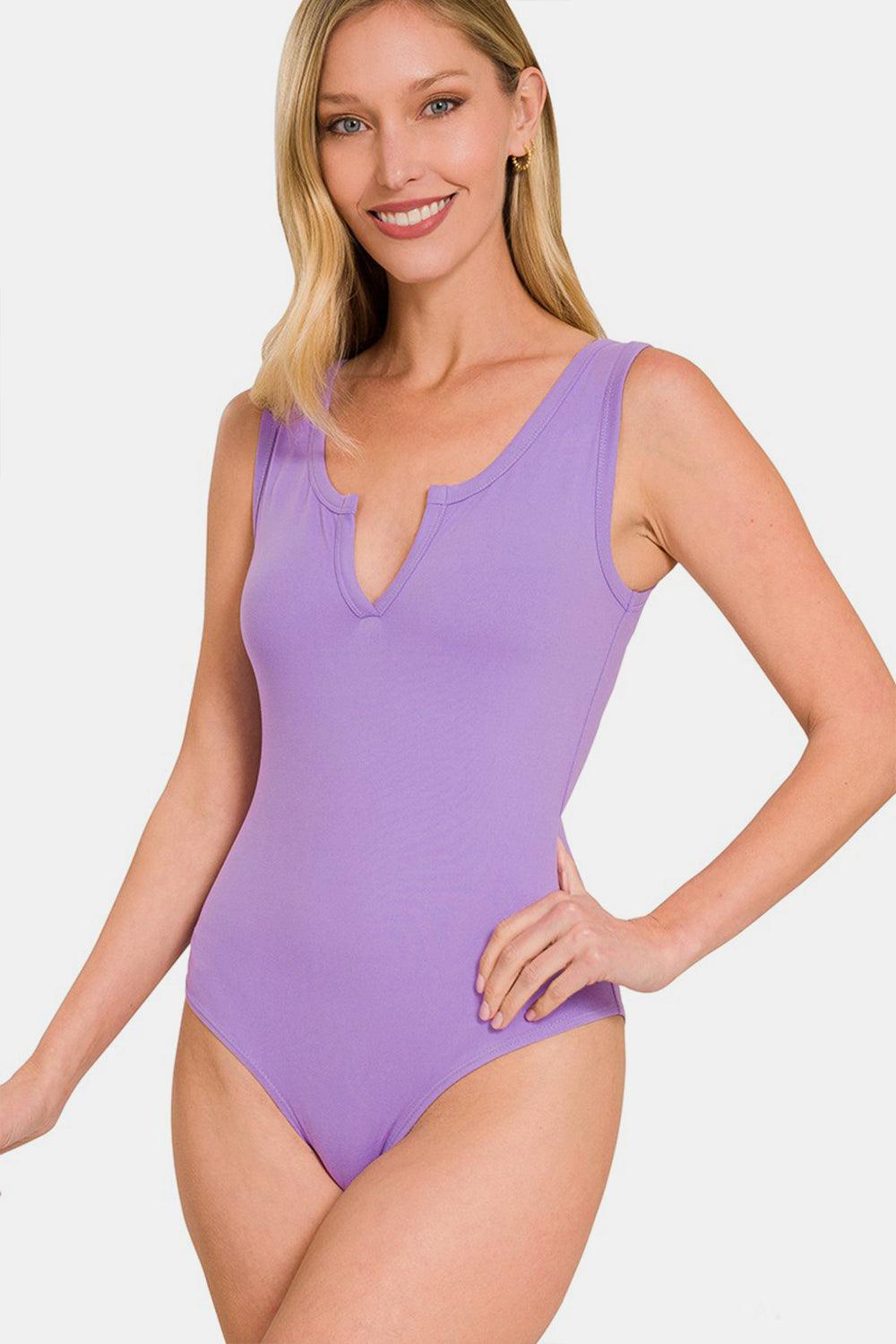 Zenana Microfiber Notched Sleeveless Bodysuit - AMIClubwear