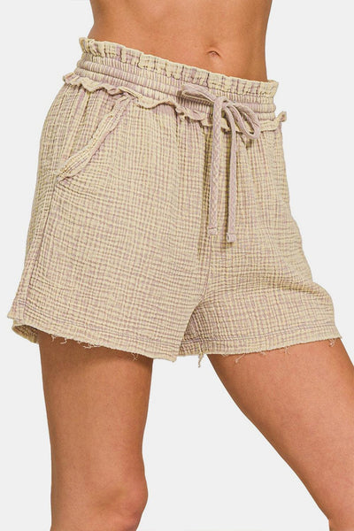 Zenana Washed Frayed Hem Drawstring Shorts - AMIClubwear