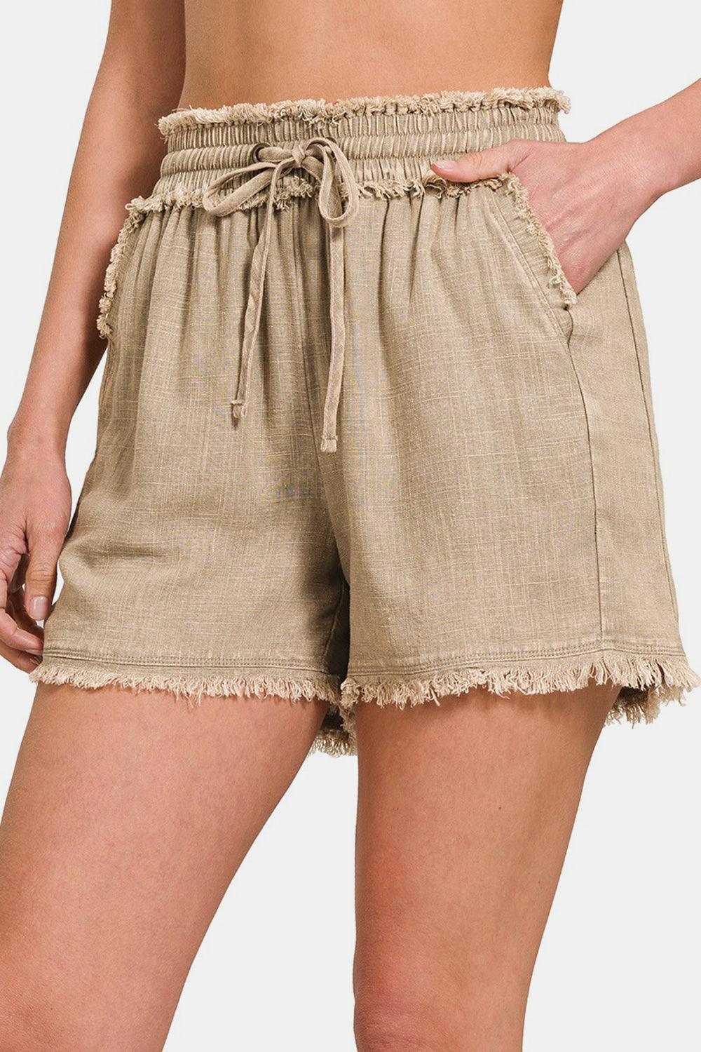 Zenana Washed Linen Frayed Hem Drawstring Shorts – AMIClubwear