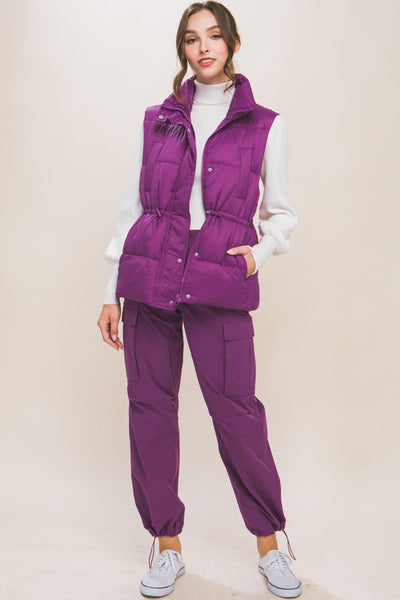 Zip Up Button Puffer Vest With Waist Toggles - AMIClubwear