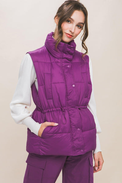 Zip Up Button Puffer Vest With Waist Toggles - AMIClubwear