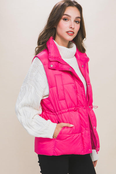 Zip Up Button Puffer Vest With Waist Toggles - AMIClubwear