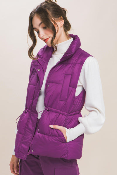 Zip Up Button Puffer Vest With Waist Toggles - AMIClubwear