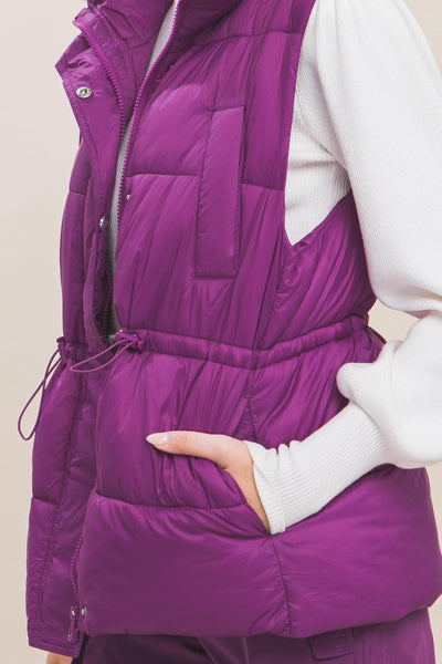 Zip Up Button Puffer Vest With Waist Toggles - AMIClubwear