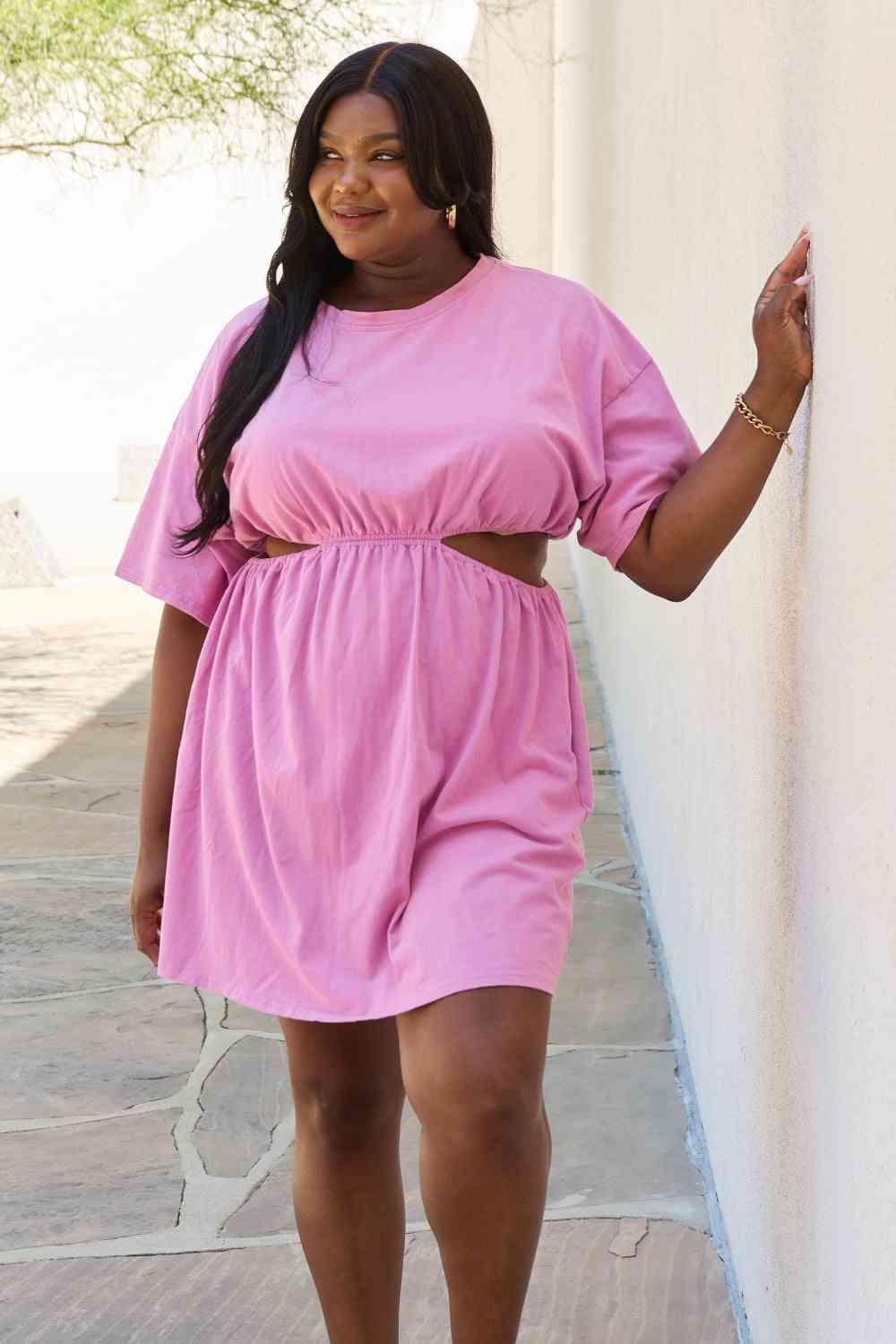 HEYSON Summer Field Full Size Cutout T-Shirt Dress in Carnation Pink - AMIClubwear