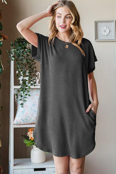 Heimish Full Size Ribbed Round Neck Short Sleeve Tee Dress - AMIClubwear