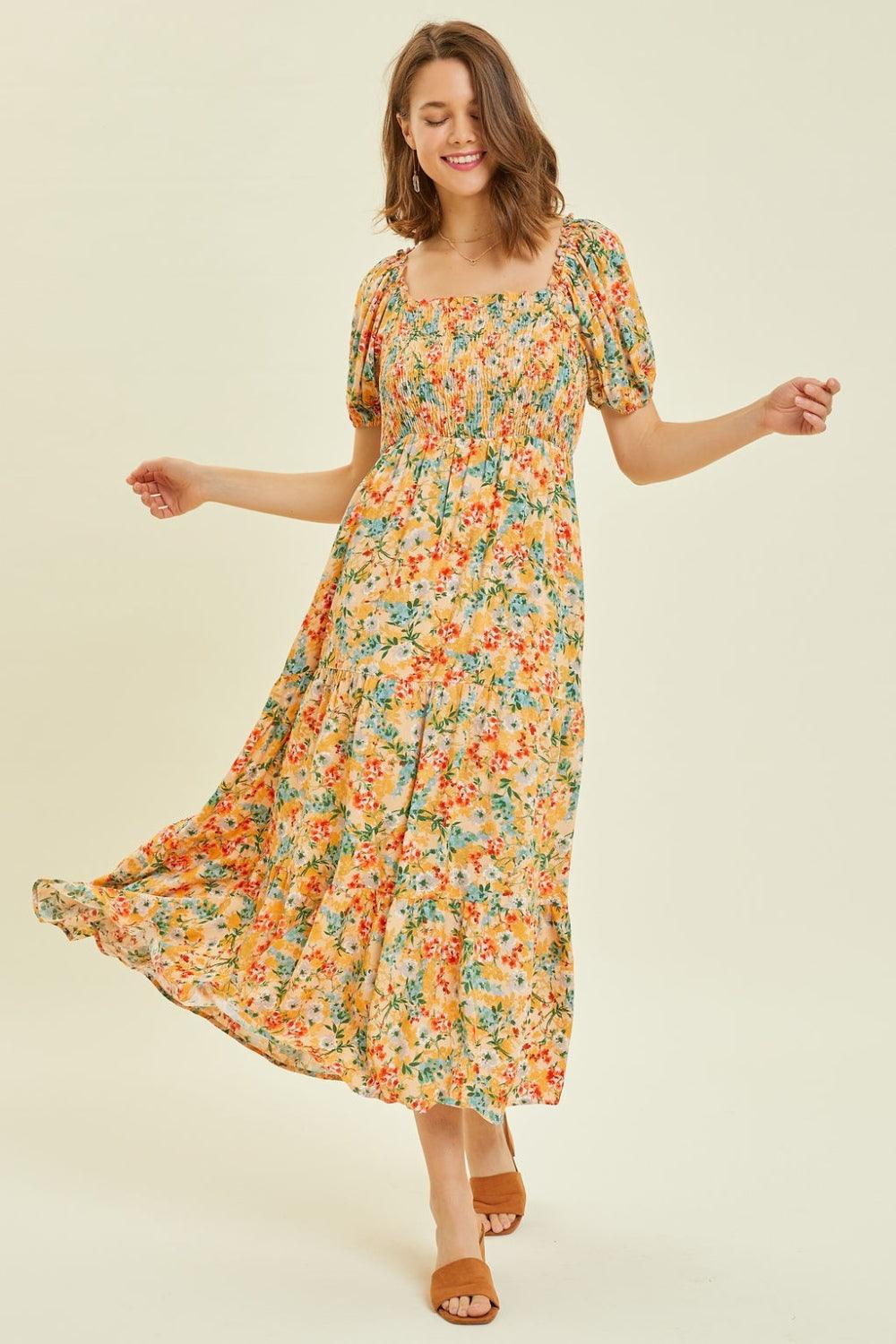 HEYSON Full Size Floral Smocked Tiered Midi Dress - AMIClubwear