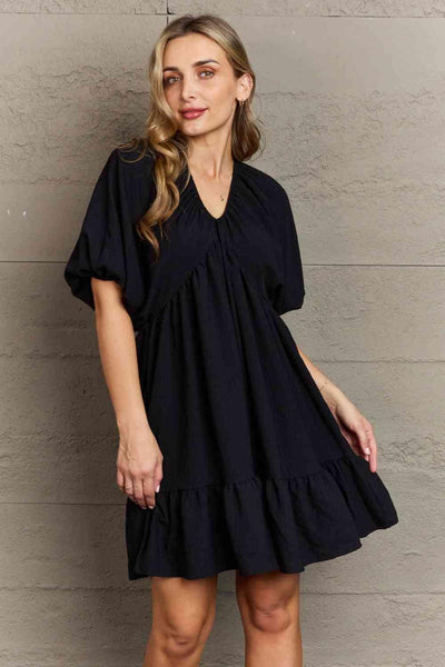 Hailey & Co Comfort Cutie Double V-Neck Puff Sleeve Mini Dress - AMIClubwear