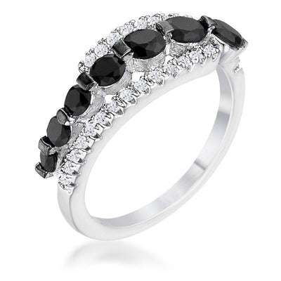1.06Ct Rhodium & Hematite Plated Graduated Black & Clear CZ Half Eternity Ring, <b>Size 5</b> - AMIClubwear
