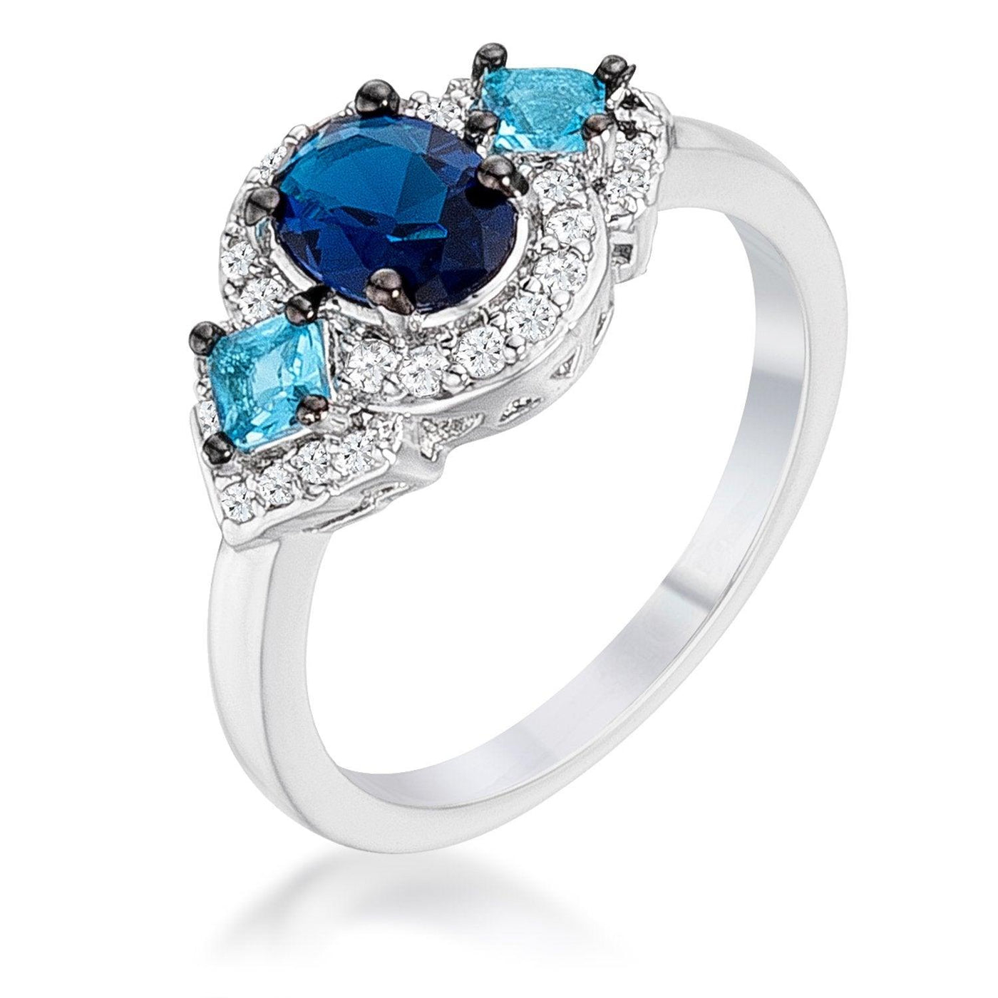 1.3Ct Rhodium and Hematite Plated Shades of Blue CZ Three Stone Engagement Ring, <b>Size 5</b> - AMIClubwear