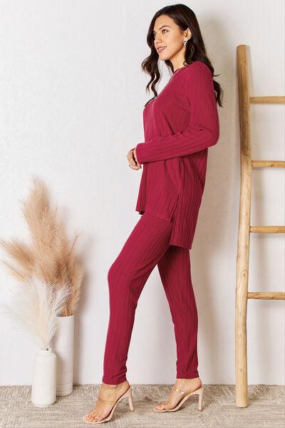 Basic Bae Full Size Ribbed Round Neck High-Low Slit Top and Pants Set - AMIClubwear