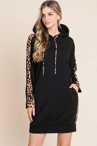 Culture Code Drawstring Leopard Long Sleeve Hooded Dress - AMIClubwear