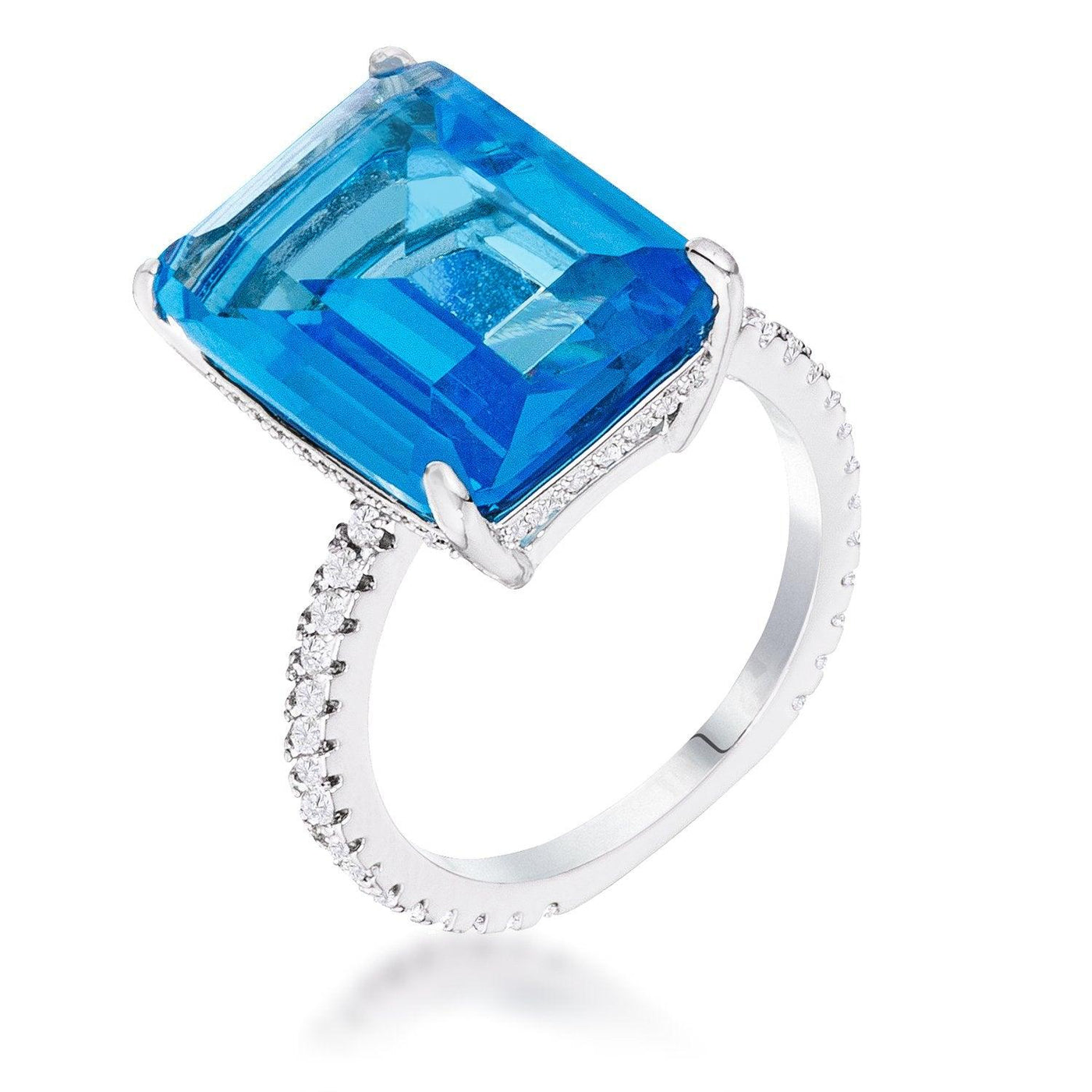 15Ct Rhodium Plated Aqua Blue Emerald Cut Pave Ring, <b>Size 5</b> - AMIClubwear