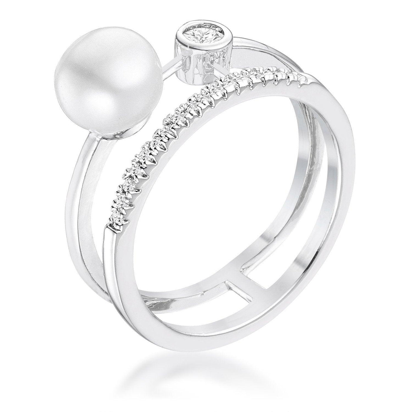 .15Ct Rhodium Plated CZ and Freshwater Pearl Contemporary Double Band Ring, <b>Size 5</b> - AMIClubwear