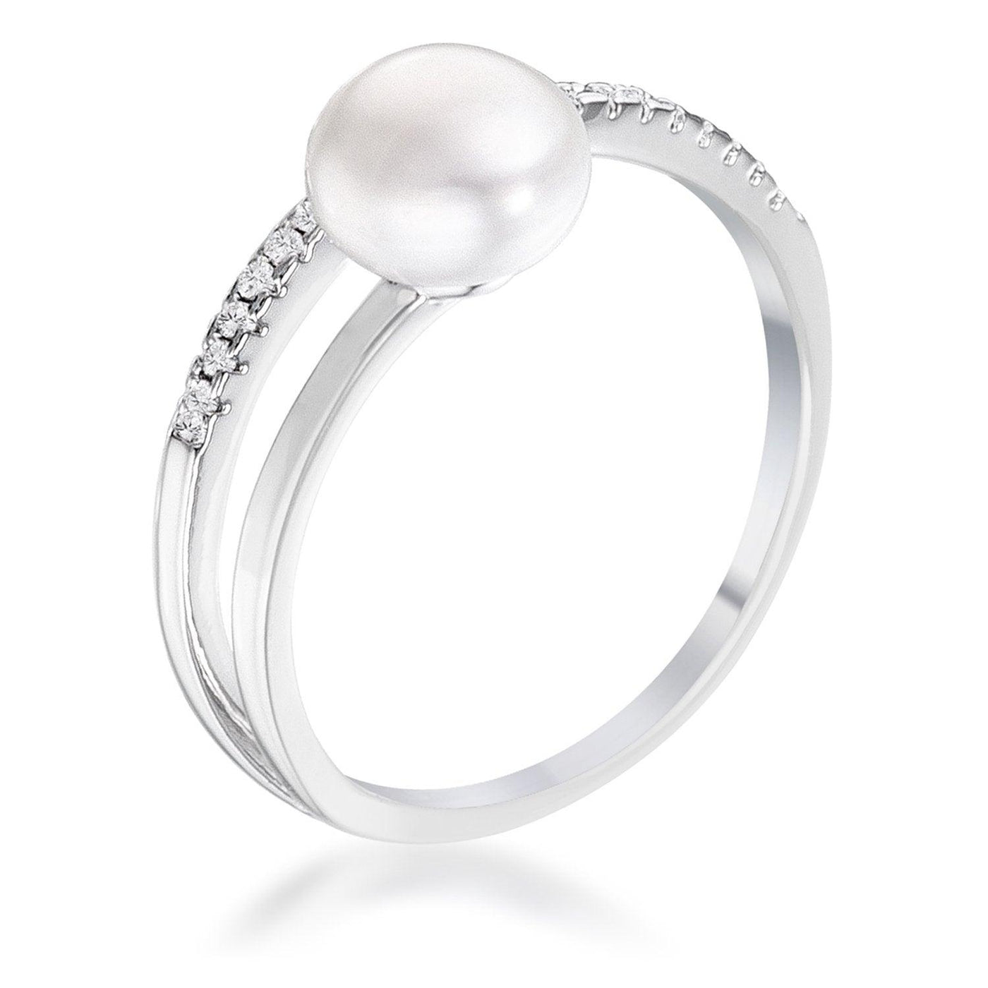 .15Ct Rhodium Plated Freshwater Pearl Ring With CZ Micro Pave Band, <b>Size 5</b> - AMIClubwear
