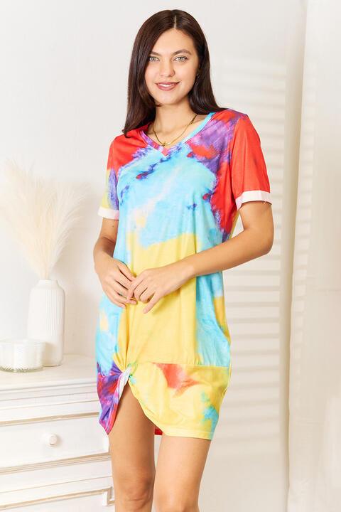 Double Take Tie-Dye V-Neck Twisted Dress - AMIClubwear