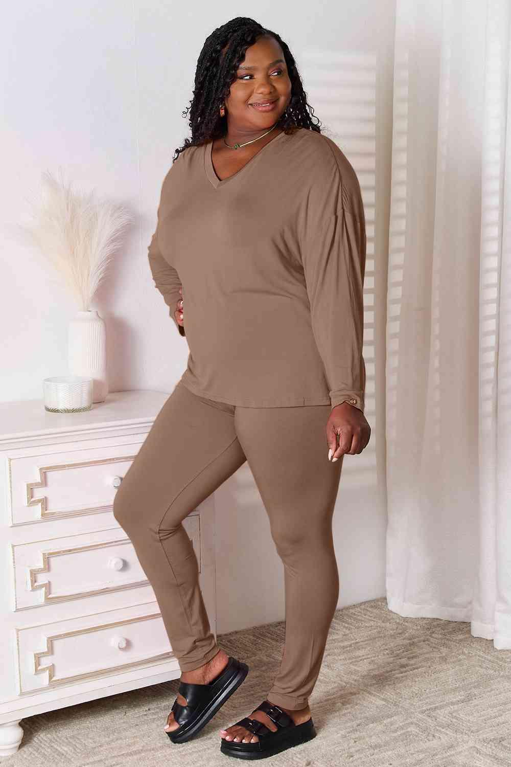 Basic Bae Full Size V-Neck Soft Rayon Long Sleeve Top and Pants Lounge Set - AMIClubwear