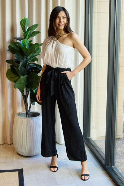 Dress Day Marvelous in Manhattan One-Shoulder Jumpsuit in White/Black - AMIClubwear