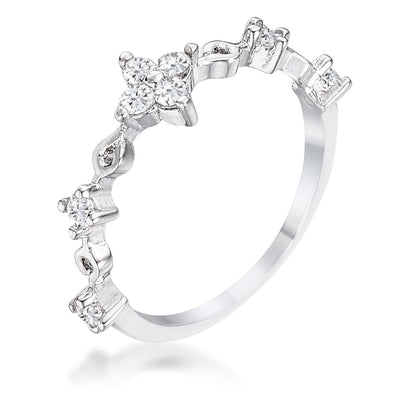 .24Ct Rhodium Plated Clear CZ Mini Floral Half Eternity Stackable Band, <b>Size 5</b> - AMIClubwear
