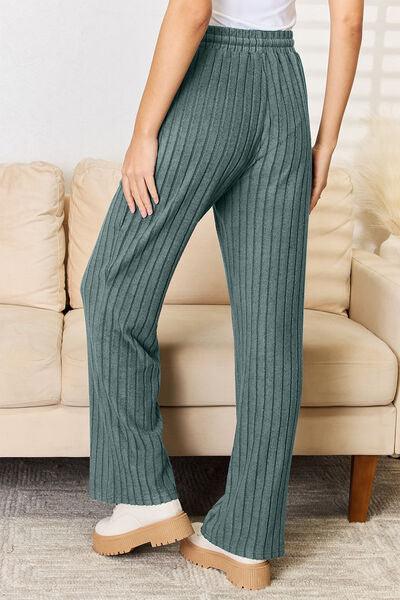 Basic Bae Full Size Ribbed Drawstring Hood Top and Straight Pants Set - AMIClubwear