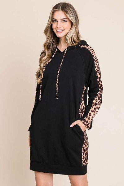 Culture Code Drawstring Leopard Long Sleeve Hooded Dress - AMIClubwear