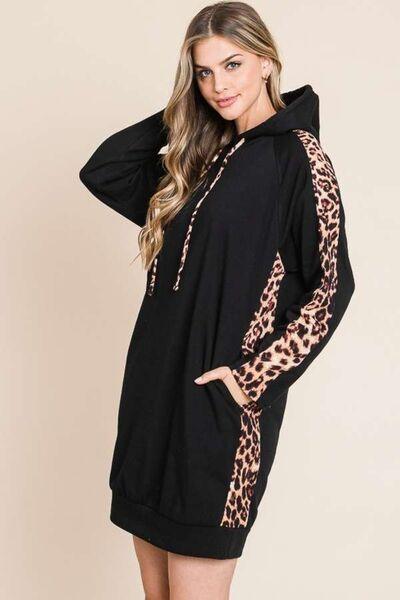 Culture Code Drawstring Leopard Long Sleeve Hooded Dress - AMIClubwear