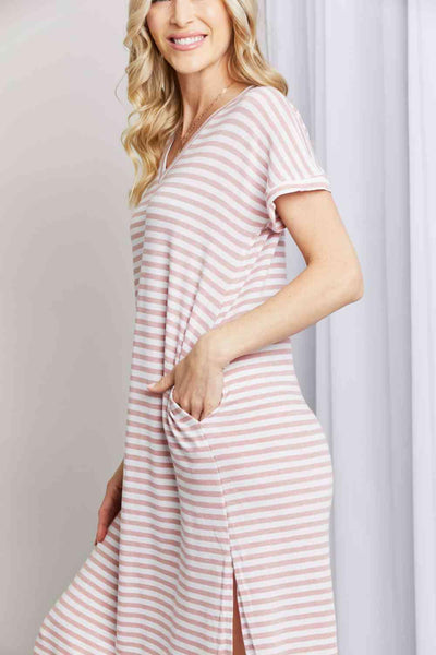 Heimish Full Size Horizontal Stripe Side Slit V-Neck Dress - AMIClubwear