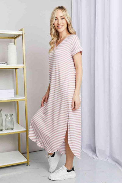 Heimish Full Size Horizontal Stripe Side Slit V-Neck Dress - AMIClubwear