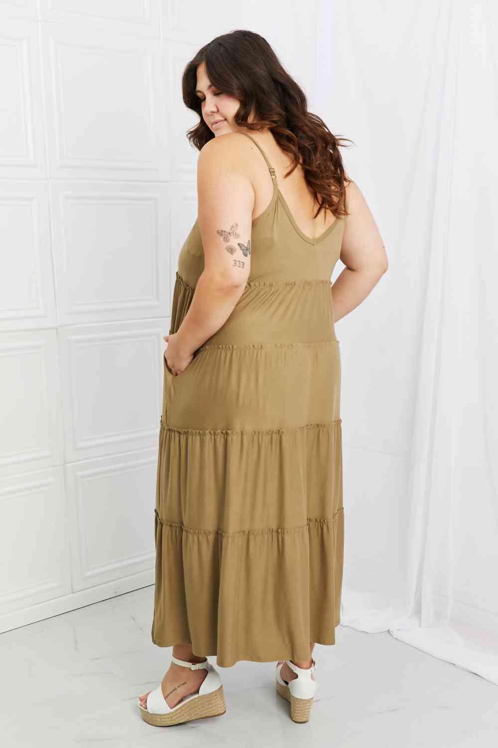 Zenana Full Size Spaghetti Strap Tiered Dress with Pockets in Khaki - AMIClubwear