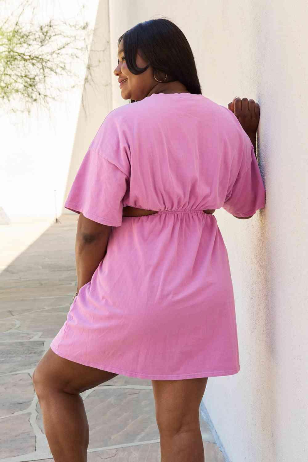 HEYSON Summer Field Full Size Cutout T-Shirt Dress in Carnation Pink - AMIClubwear