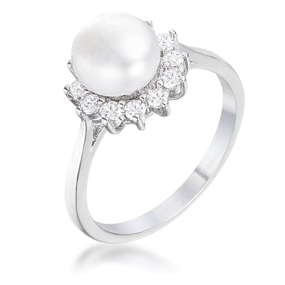 .36Ct Rhodium Plated Freshwater Pearl and CZ Halo Ring, <b>Size 5</b> - AMIClubwear