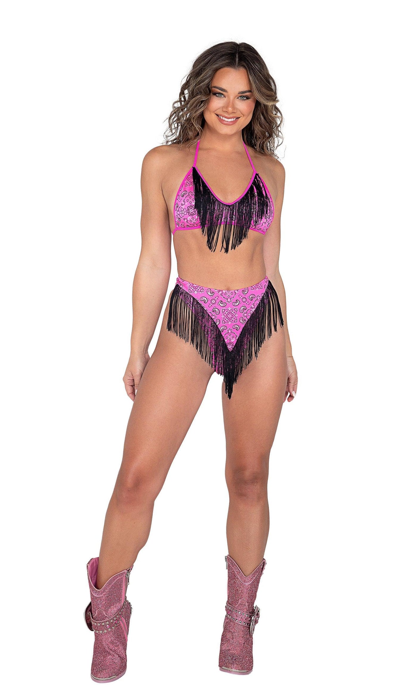 3986 - Metallic Printed Bikini Top with Fringe Detail - AMIClubwear