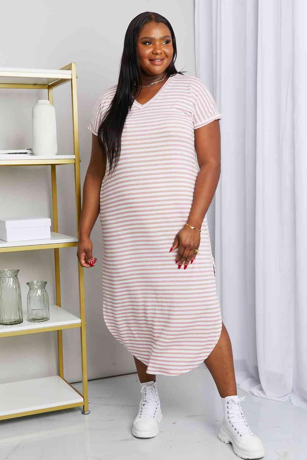 Heimish Full Size Horizontal Stripe Side Slit V-Neck Dress - AMIClubwear