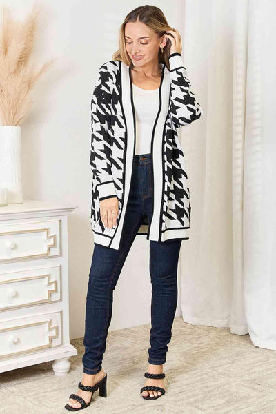 Woven Right Houndstooth Open Front Longline Cardigan - AMIClubwear