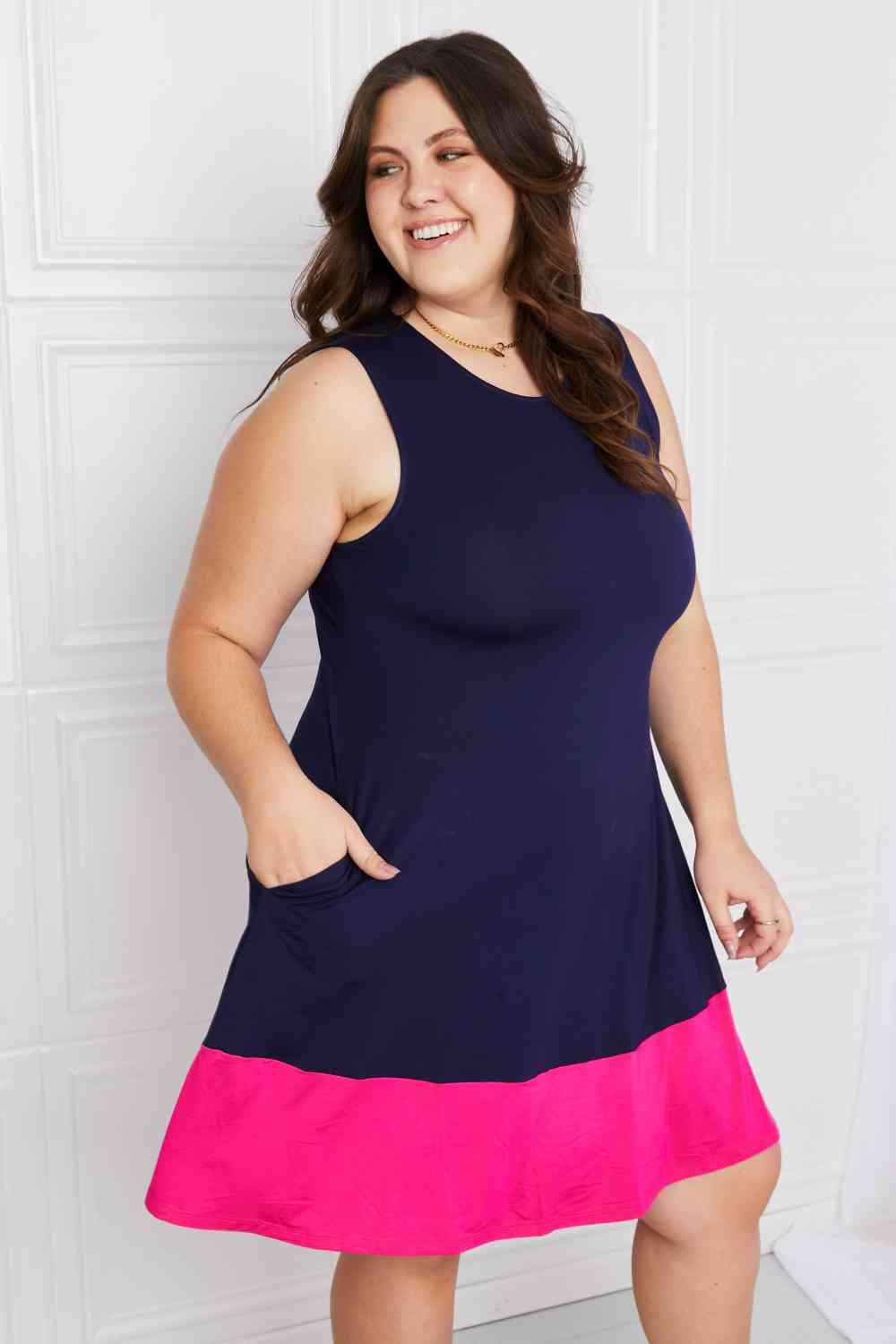 Yelete Full Size Two-Tone Sleeveless Mini Dress with Pockets - AMIClubwear