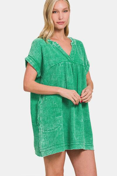 Zenana Washed Notched Short Sleeve Mini Dress - AMIClubwear