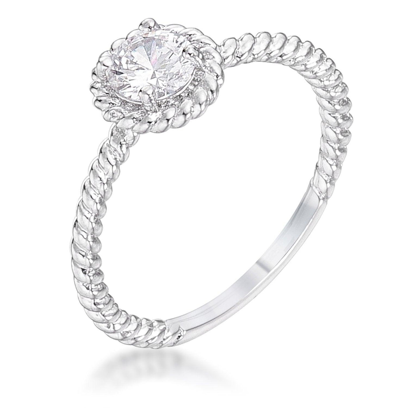 .45Ct Rhodium Plated Mini Twisted Rope CZ Solitaire Ring, <b>Size 5</b> - AMIClubwear