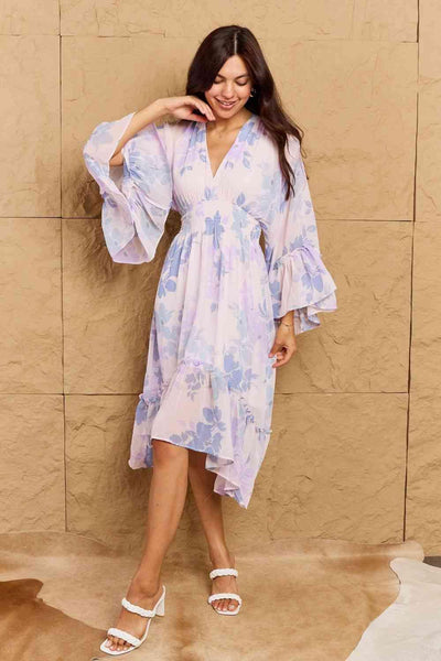 OneTheLand Take Me With You Floral Bell Sleeve Midi Dress in Blue - AMIClubwear