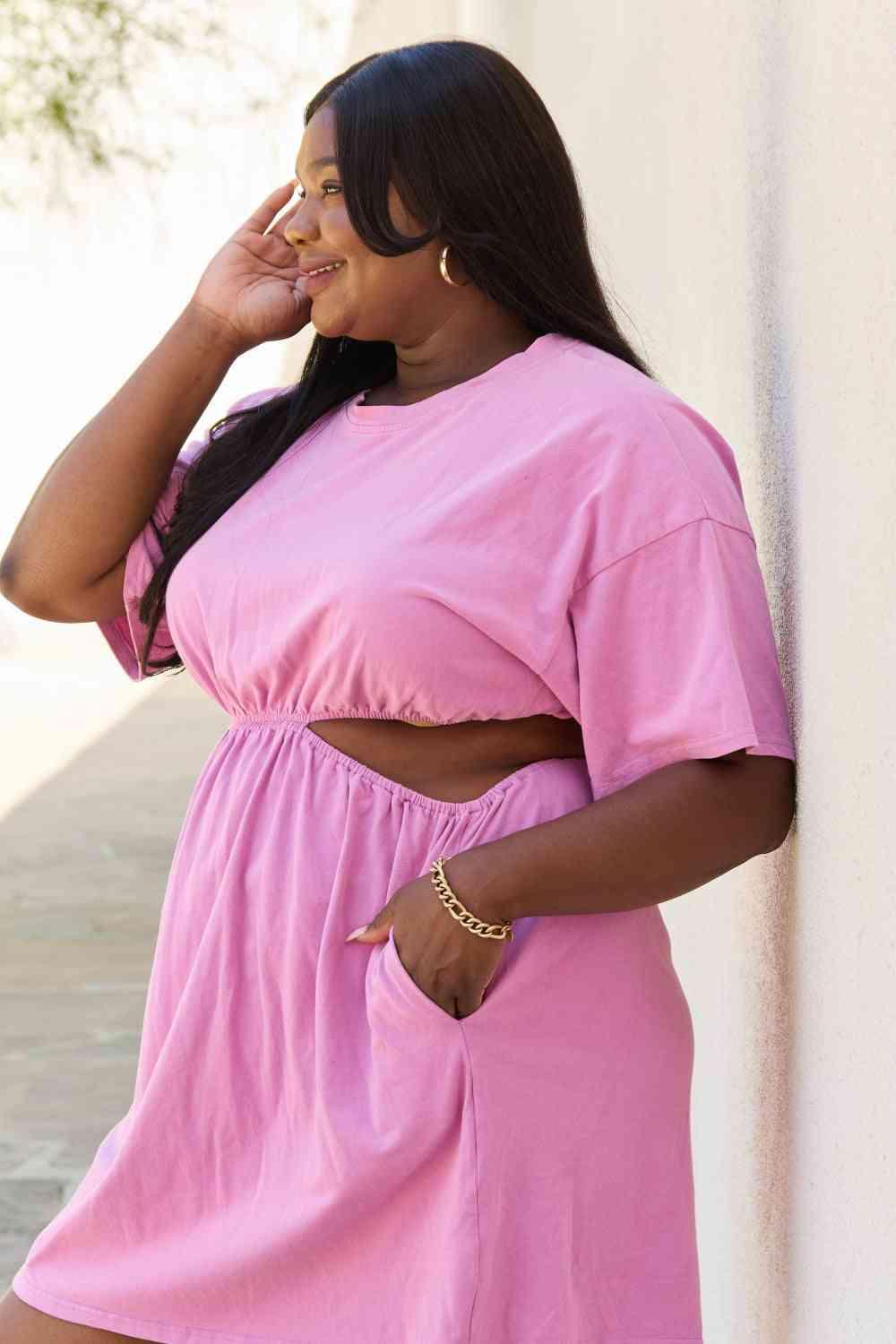 HEYSON Summer Field Full Size Cutout T-Shirt Dress in Carnation Pink - AMIClubwear