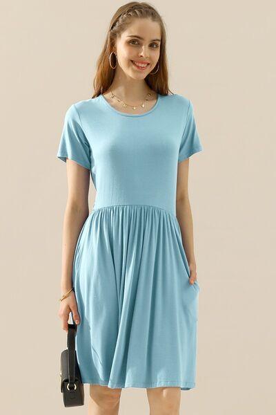 Ninexis Full Size Round Neck Ruched Dress with Pockets - AMIClubwear