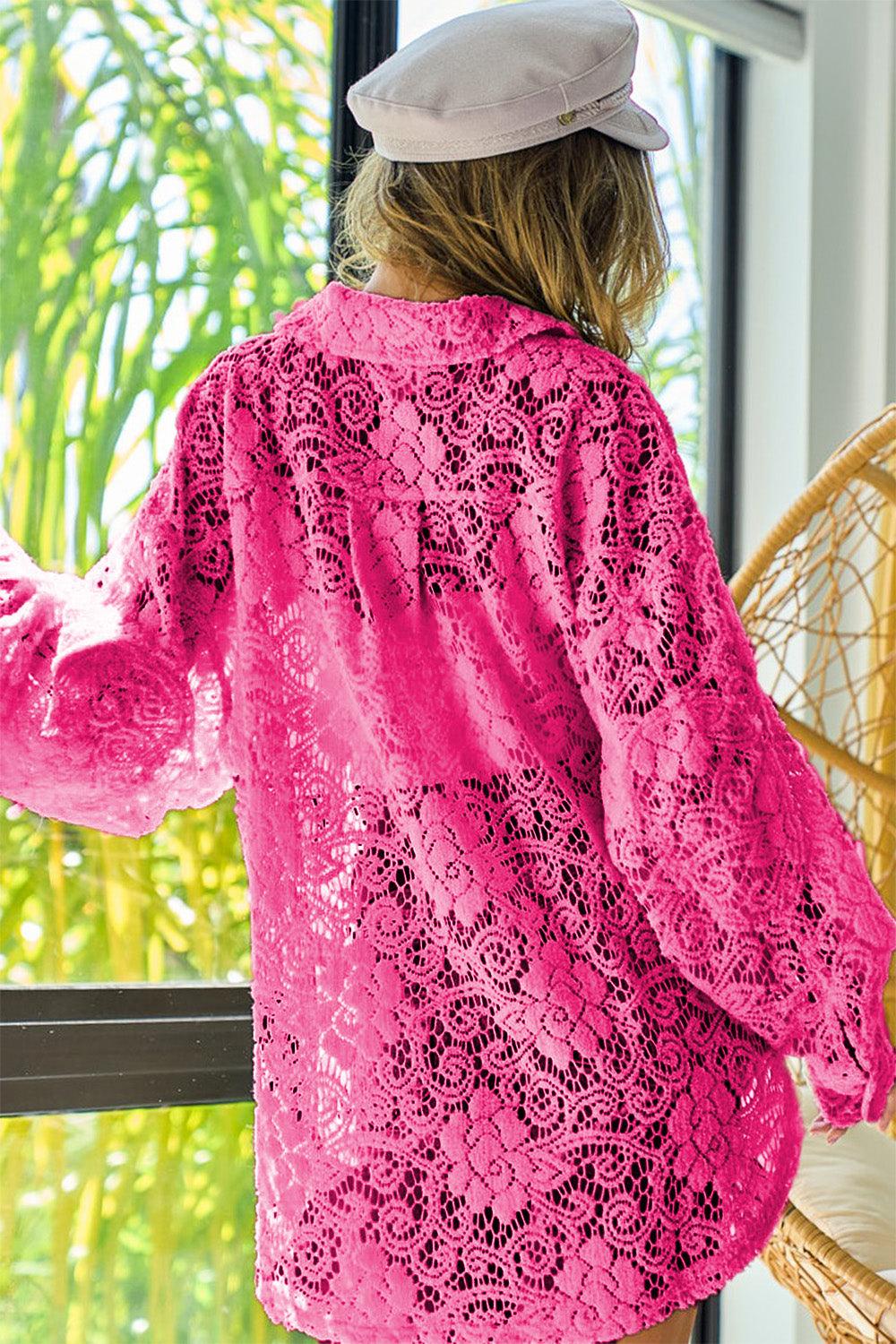 BiBi Oversize Button Up Long Sleeve Lace Shacket - AMIClubwear