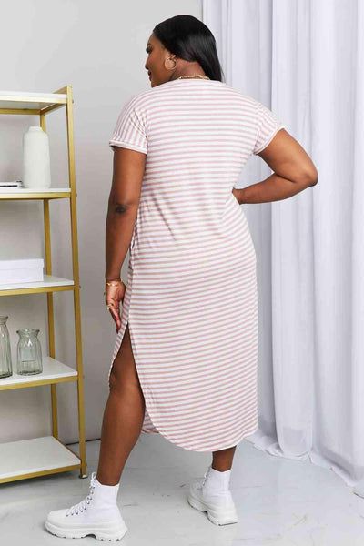 Heimish Full Size Horizontal Stripe Side Slit V-Neck Dress - AMIClubwear