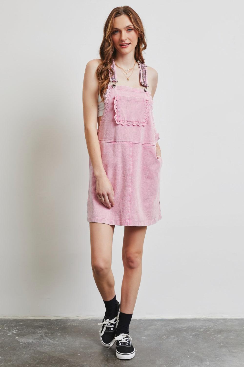HEYSON Lace Trim Washed Overall Dress - AMIClubwear