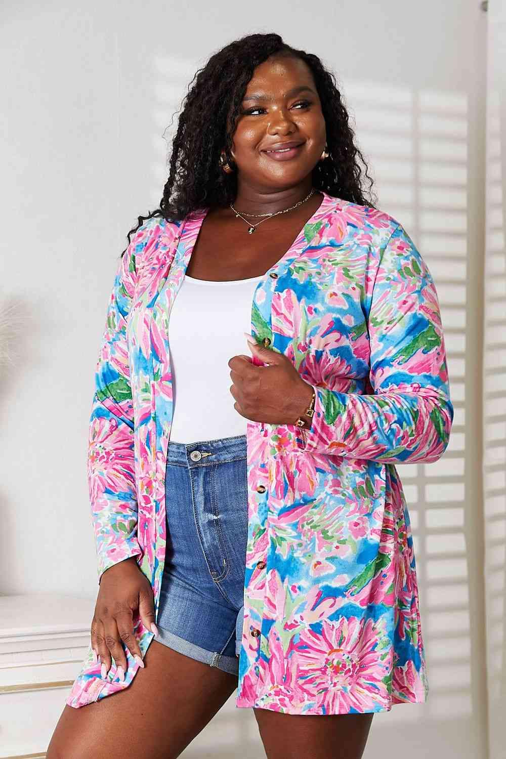 Double Take Floral Open Front Long Sleeve Cardigan - AMIClubwear