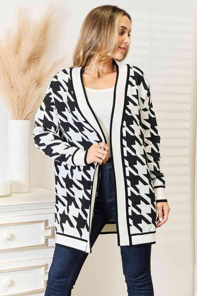 Woven Right Houndstooth Open Front Longline Cardigan - AMIClubwear