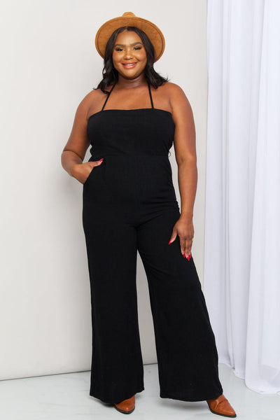 White Birch Full Size Halter Neck Wide Leg Jumpsuit with Pockets - AMIClubwear