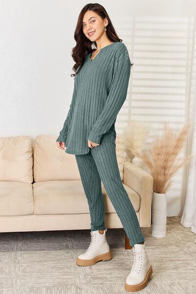 Basic Bae Full Size Notched Long Sleeve Top and Pants Set - AMIClubwear
