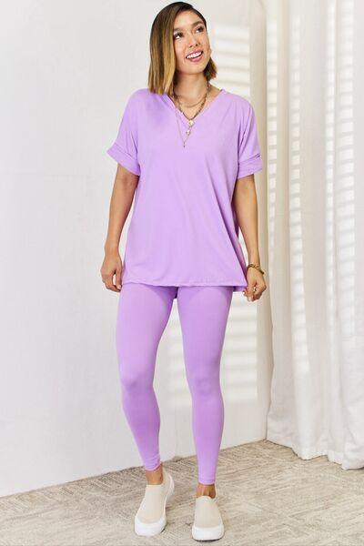 Zenana V-Neck Rolled Short Sleeve T-Shirt and Leggings Set - AMIClubwear