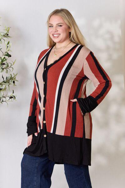 Celeste Full Size Striped Button Up Long Sleeve Cardigan - AMIClubwear