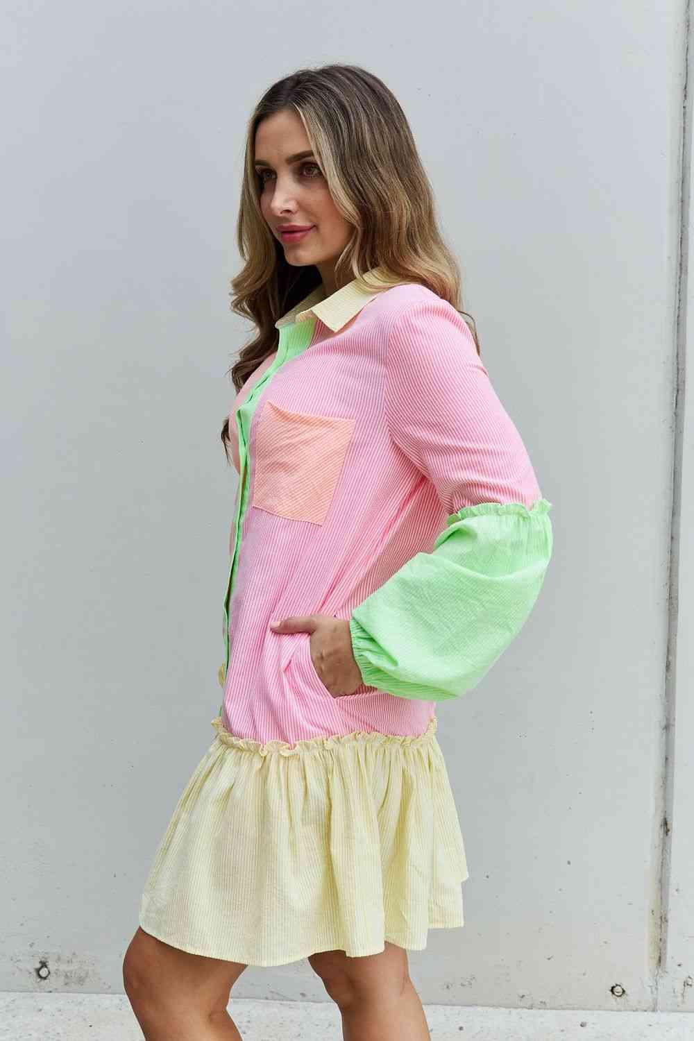 Davi & Dani Flying Colors Full Size Colorblock Long Sleeve Shirt Dress - AMIClubwear